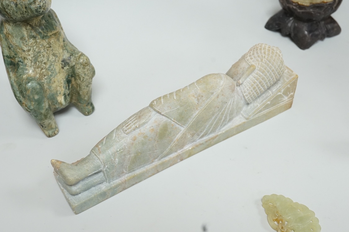 A collection of hardstone carvings, reclining figure 20cm
